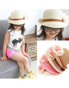 Korean Fashion Half Flanging Straw Hat with Flowers 