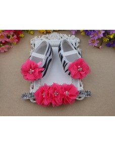 Zebra Baby Rhinestones/Pearl Ballerina Vintage Rhinestone Crib Shoes and Flowers Headband set