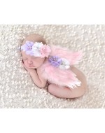 Angel Wings Feather Wings with Flowers Headband Photography Props (PINK)