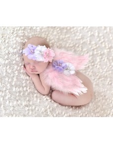 Angel Wings Feather Wings with Flowers Headband Photography Props (PINK)