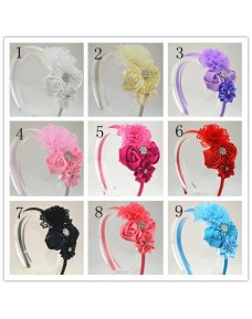 Lovely Lace Flower Satin Ribbon Rose Headbands with Rhinestone Button (9 colours)