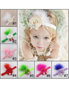 Rhinestone Satin Rolled Rosette with Feather Headband (7 colours)