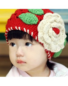 Lovely Red Knit Crochet Flower Hat